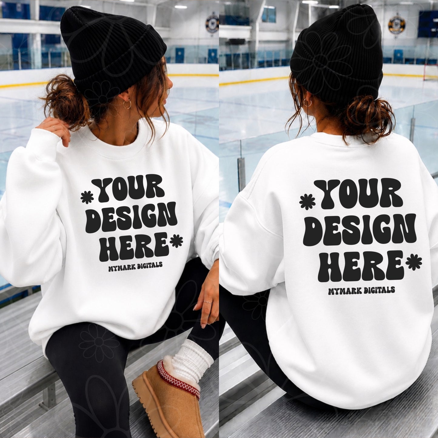 Gildan 18000 WhiteCrewneck Sweatshirt Mockup | Hockey Rink Mock | Beanie Mock | Front & Back Mock