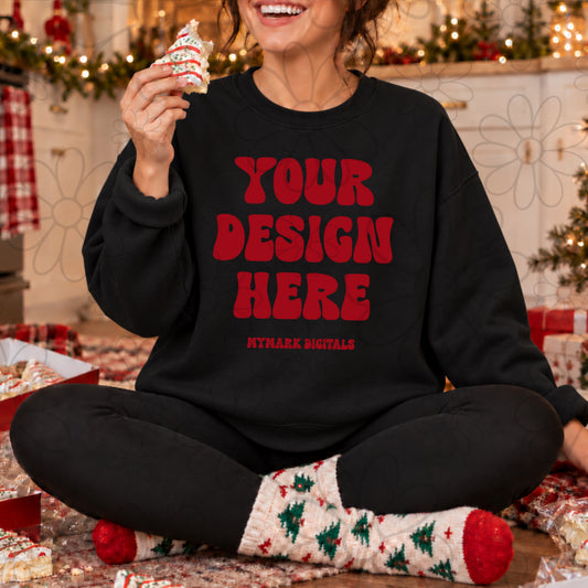 Christmas Cake Black Crewneck Sweatshirt Mock Up