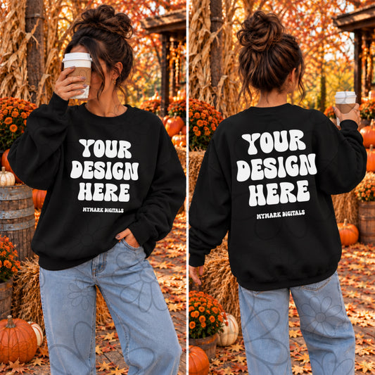 Pumpkin Farm Black Crewneck FRONT & BACK Sweatshirt Mock Up