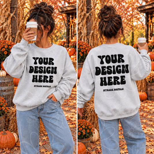 Pumpkin Farm Ash Grey Crewneck FRONT & BACK Sweatshirt Mock Up