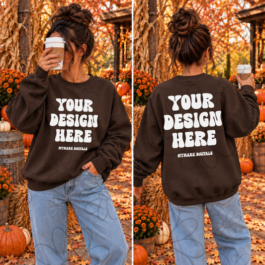 Pumpkin Farm Chocolate Brown Crewneck FRONT & BACK Sweatshirt Mock Up