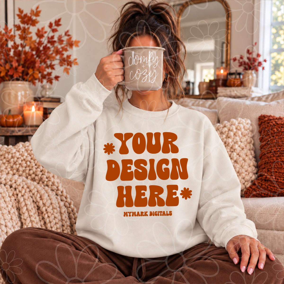 Fall Comfy Cozy Sand Crewneck Sweatshirt Mock Up