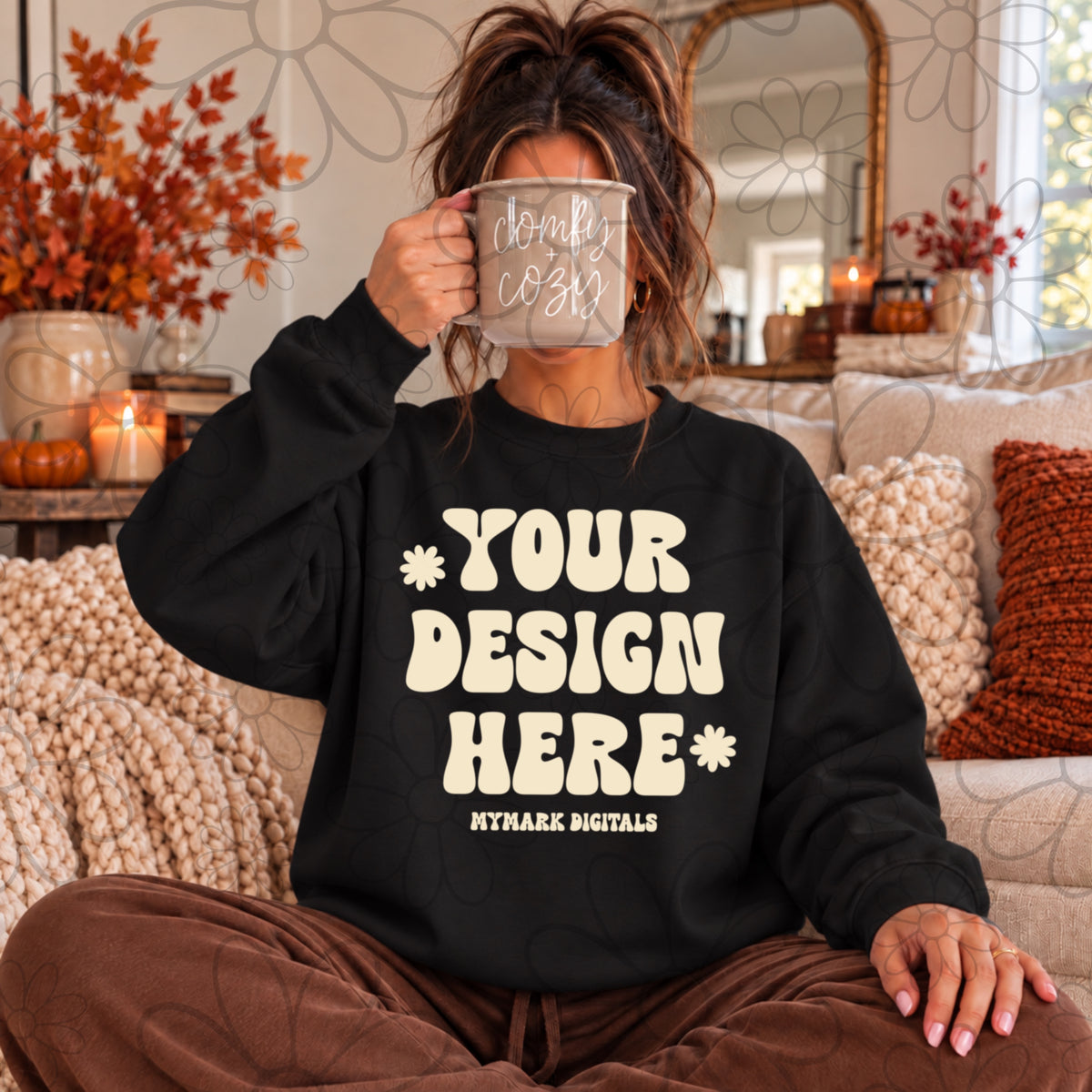 Fall Comy Cozy Black Crewneck Sweatshirt Mock Up
