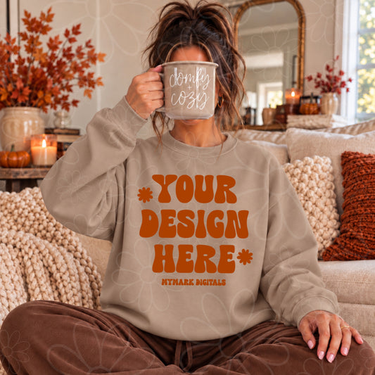 Fall Comfy Cozy Dark Sand Crewneck Sweatshirt Mock Up