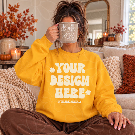 Fall Comy Cozy Gold Crewneck Sweatshirt Mock Up