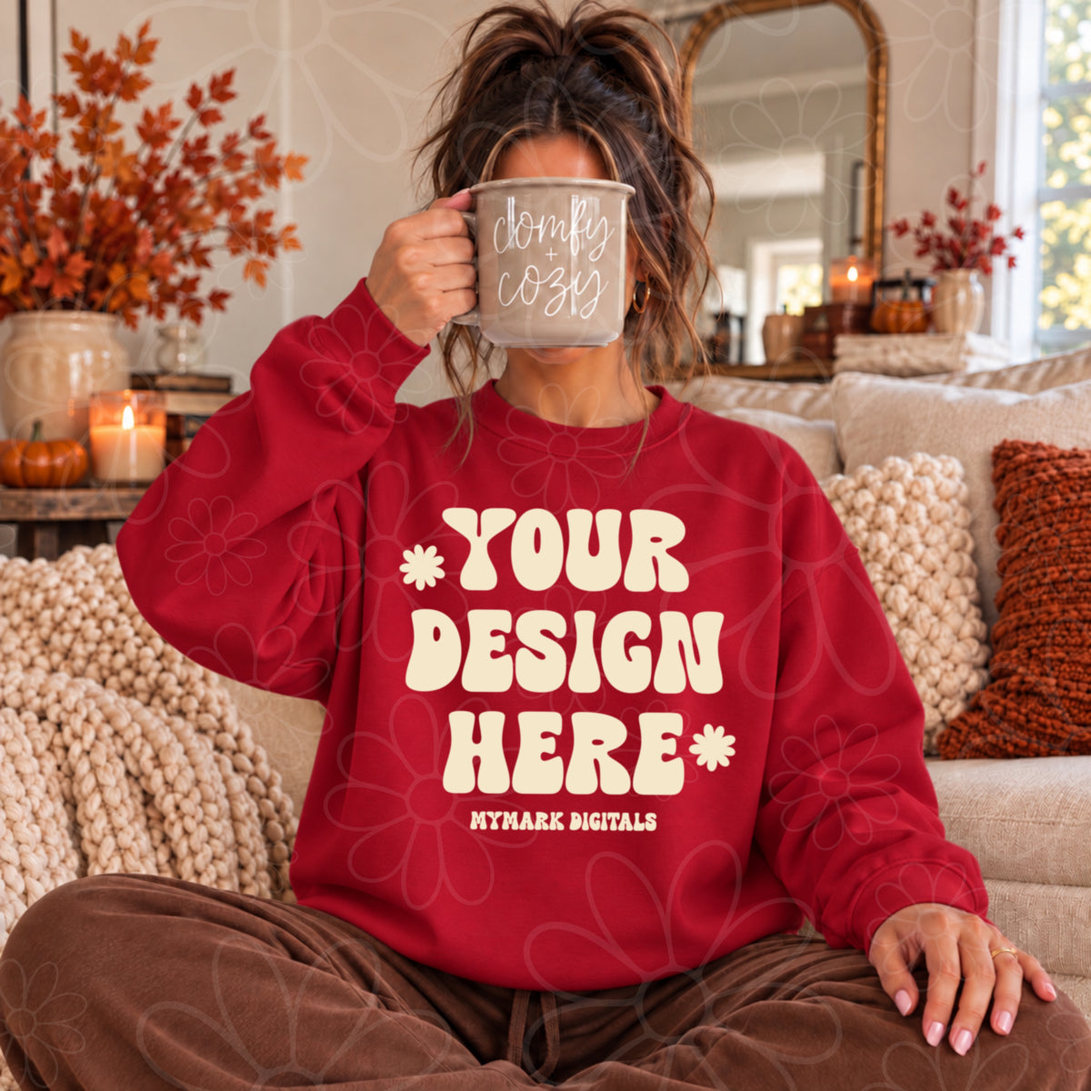 Fall Comfy Cozy Red Crewneck Sweatshirt Mock Up