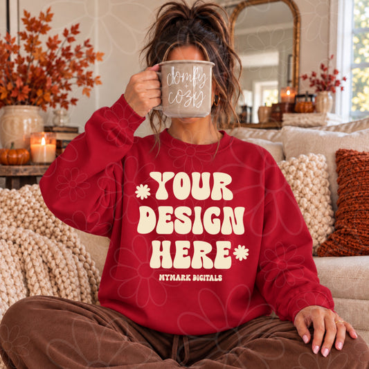 Fall Comfy Cozy Red Crewneck Sweatshirt Mock Up