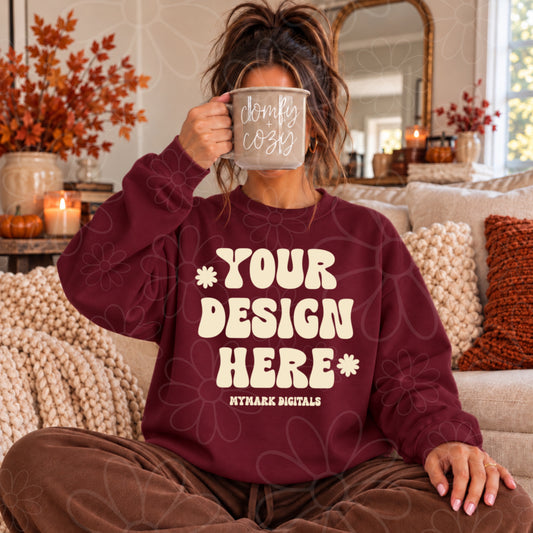 Fall Comfy Cozy Maroon Crewneck Sweatshirt Mock Up