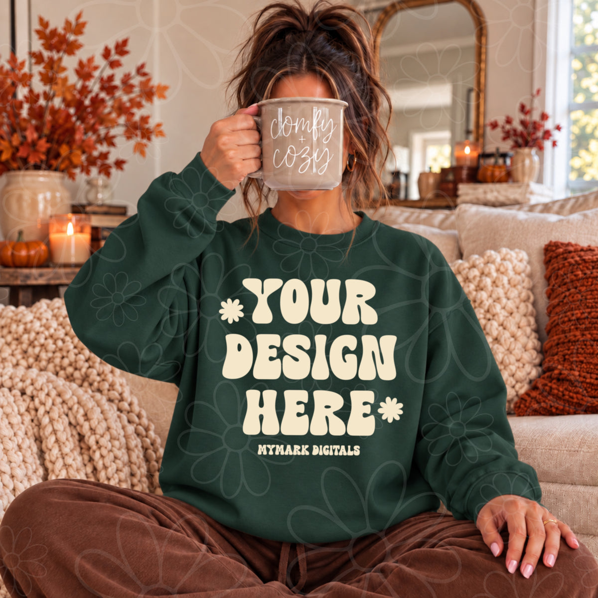 Fall Comy Cozy Dark Green Crewneck Sweatshirt Mock Up