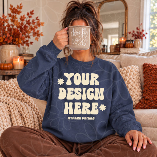 Fall Comy Cozy Heather Navy Crewneck Sweatshirt Mock Up