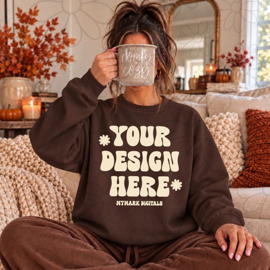 Fall Comy Cozy Brown Crewneck Sweatshirt Mock Up