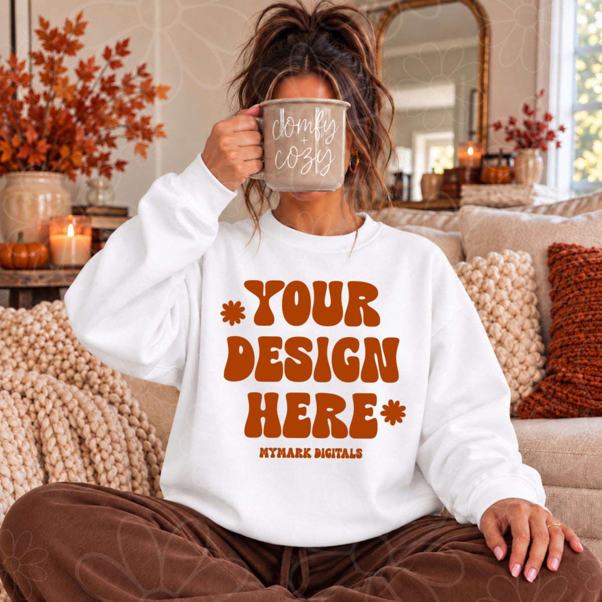 Fall Comfy Cozy White Crewneck Sweatshirt Mock Up