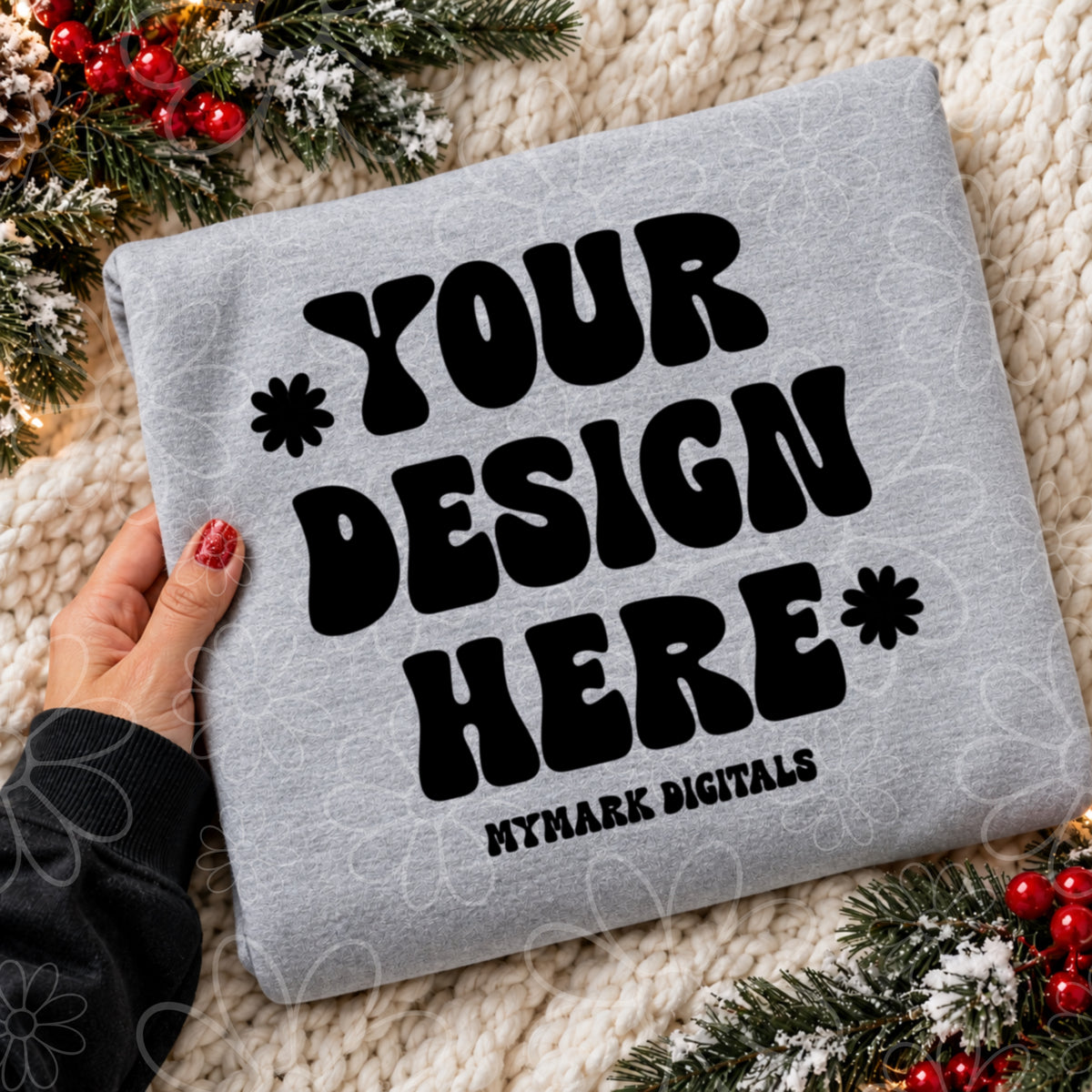 Christmas Holly Sport Grey Crewneck Sweatshirt Flat lay Mock Up