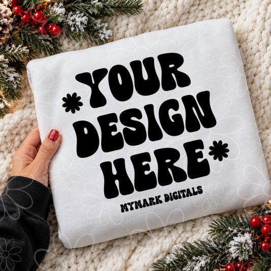 Christmas Holly White Crewneck Sweatshirt Flat lay Mock Up