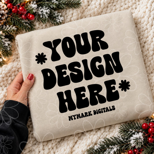 Christmas Holly Sand Crewneck Sweatshirt Flat lay Mock Up