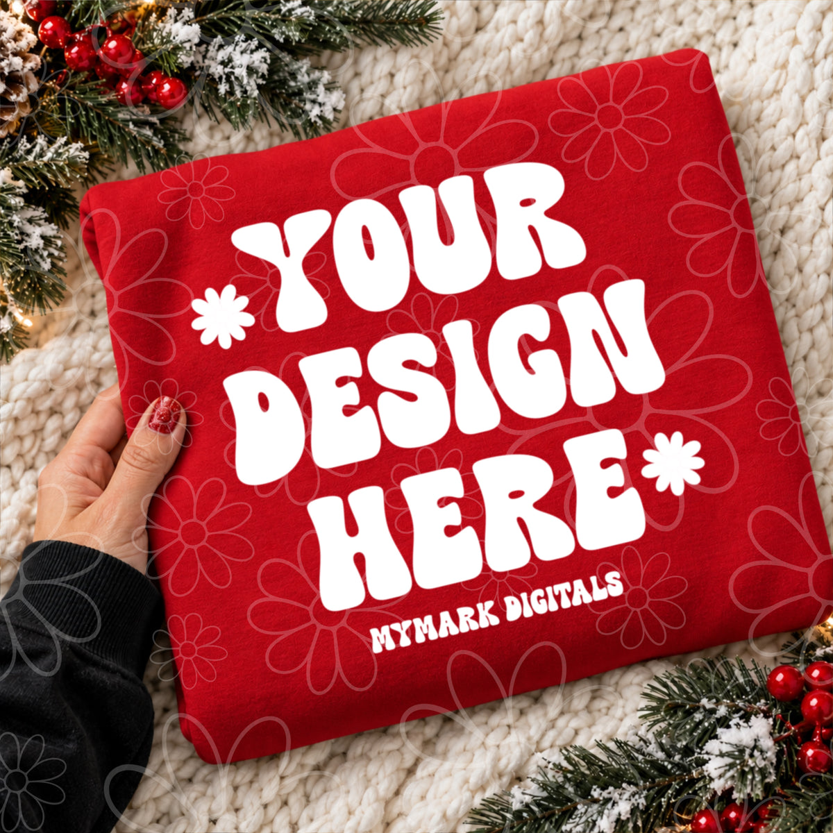 Christmas Holly Red Crewneck Sweatshirt Flat lay Mock Up