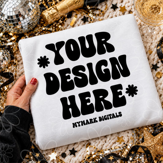 New Years Eve White Crewneck Sweatshirt Flat lay Mock Up