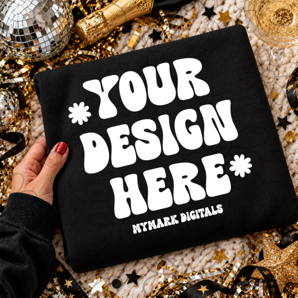 New Years Eve Black Crewneck Sweatshirt Flat lay Mock Up