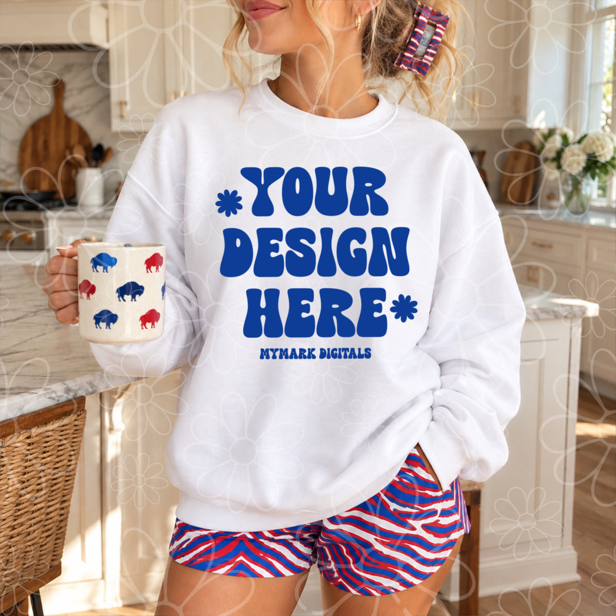 Buffalo Football White Crewneck Sweatshirt Kitchen Mock Up