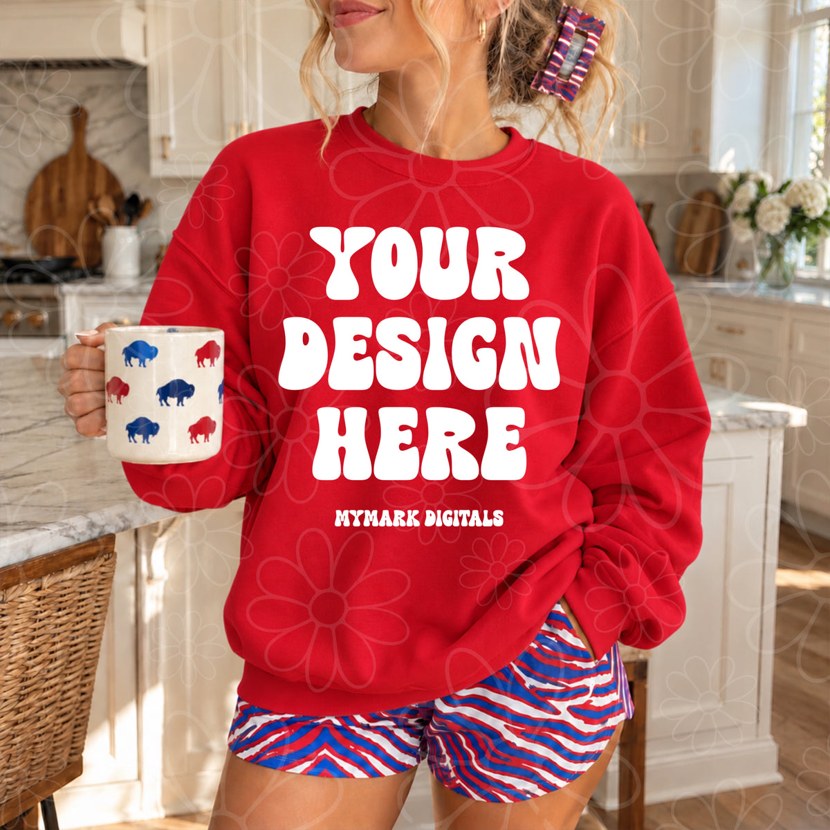 Buffalo Football Red Crewneck Sweatshirt Kitchen Mock Up