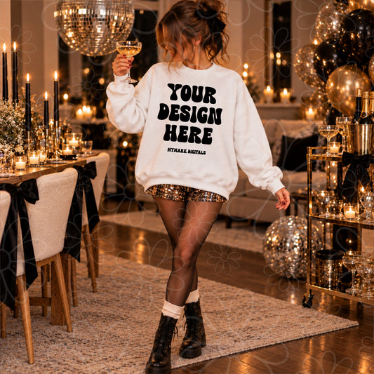 NYE White Champagne Crewneck Sweatshirt Mock Up