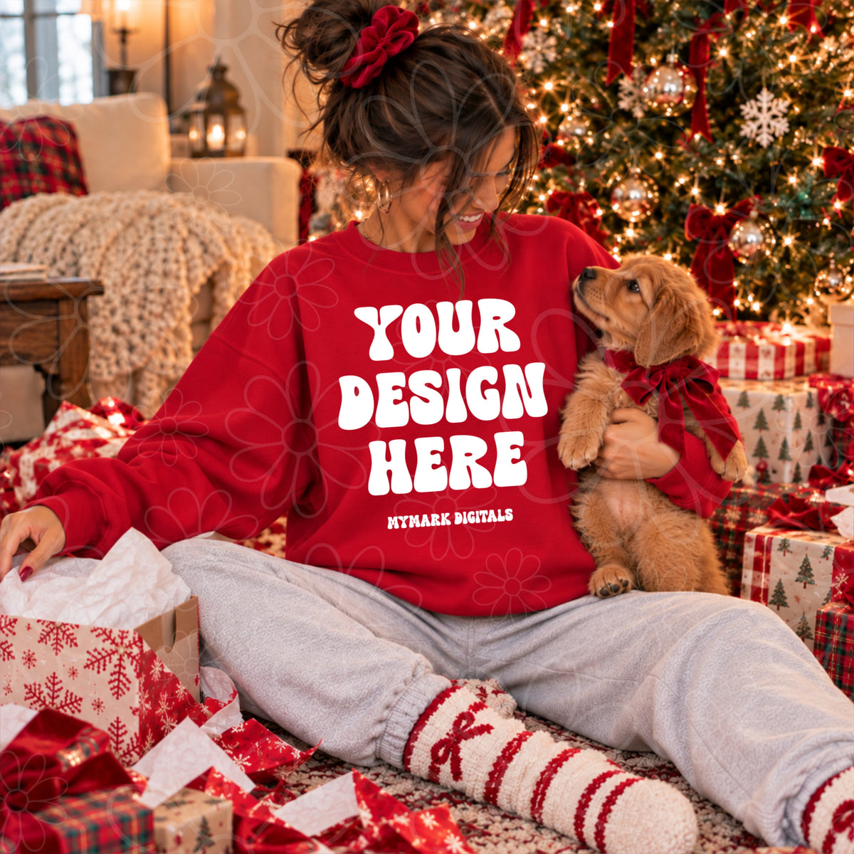 Christmas Morning Puppy Red Crewneck Sweatshirt Mock Up