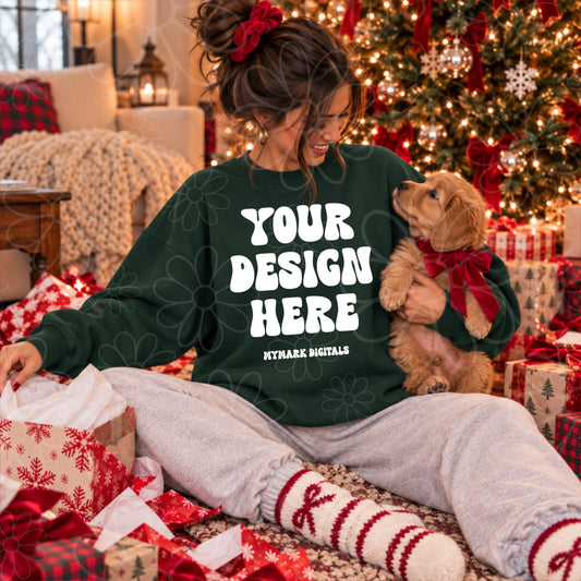 Christmas Morning Puppy Dark Green Crewneck Sweatshirt Mock Up