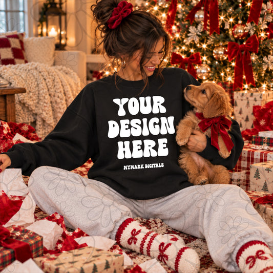 Christmas Morning Puppy Black Crewneck Sweatshirt Mock Up
