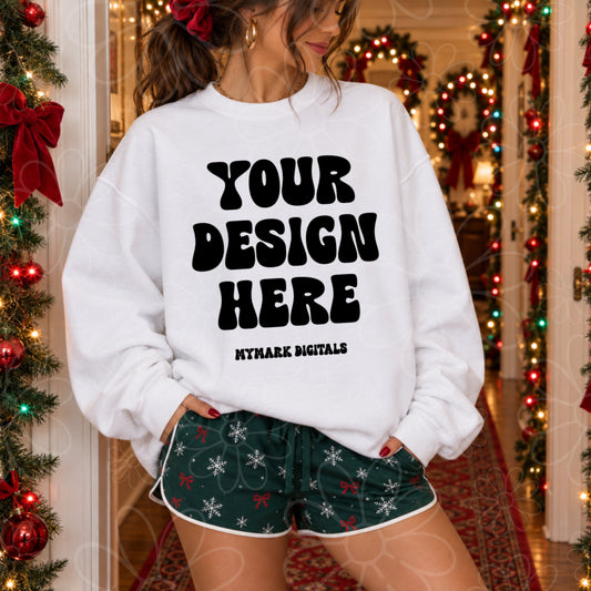 Christmas Hallway White Crewneck Sweatshirt Mock Up