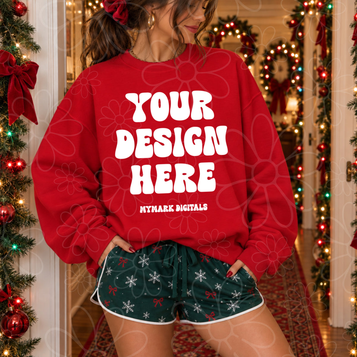 Christmas Hallway Red Crewneck Sweatshirt Mock Up