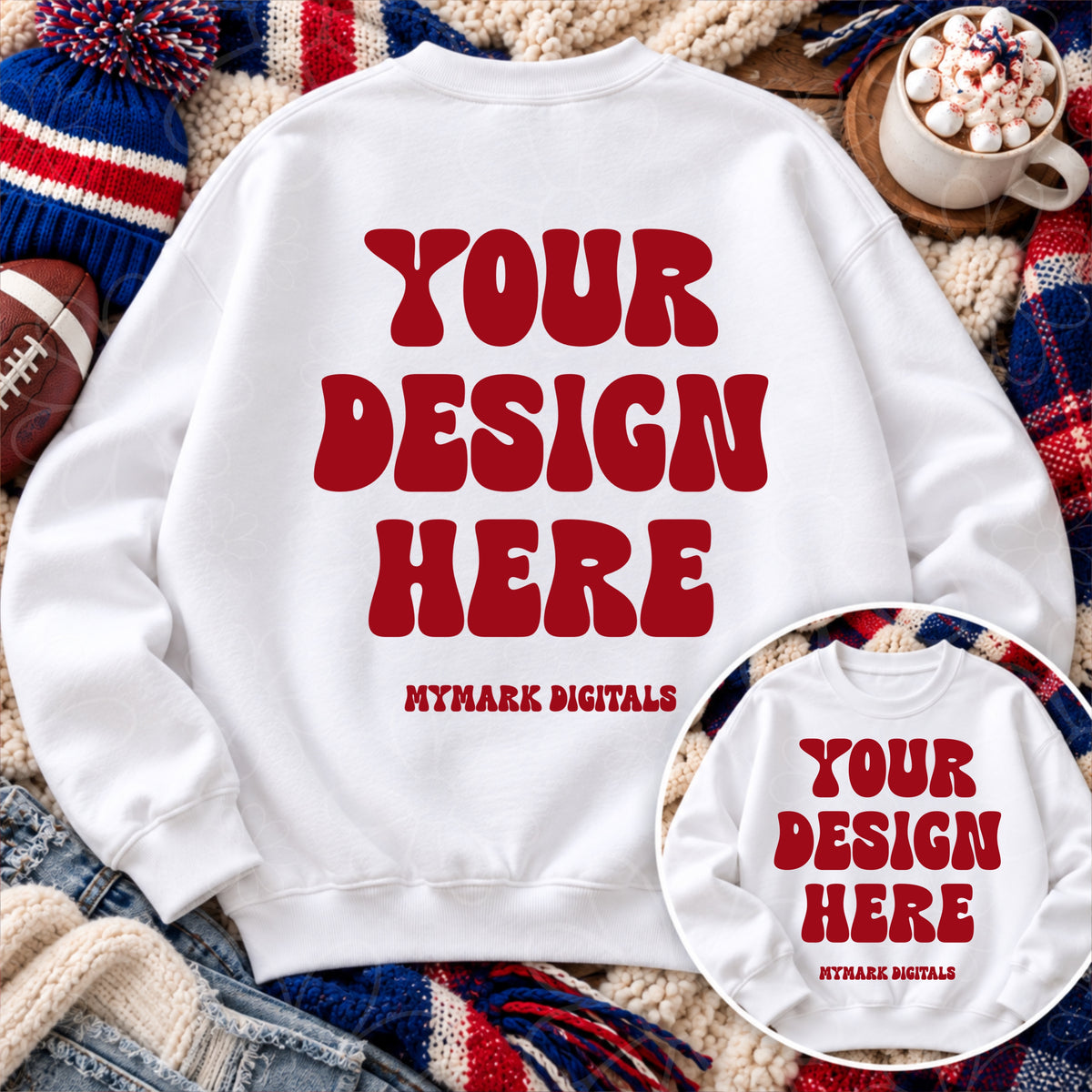 Buffalo Football White Crewneck Sweatshirt Back & Front Flat lay Mock Up