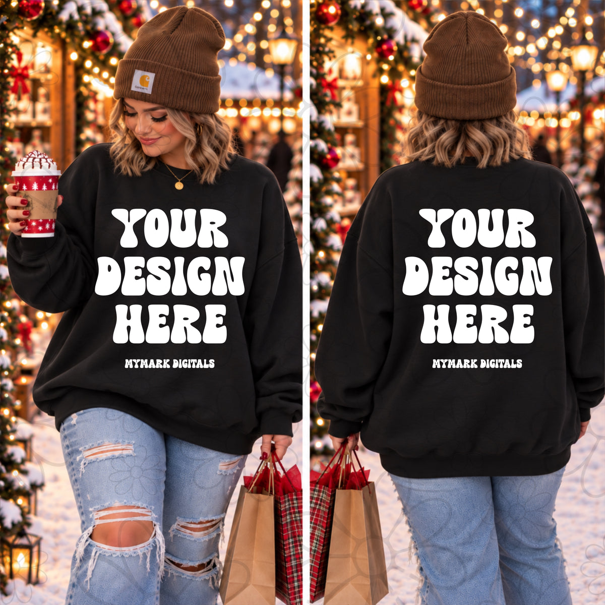 Christmas Market Black Crewneck Sweatshirt Mock Up Front & Back