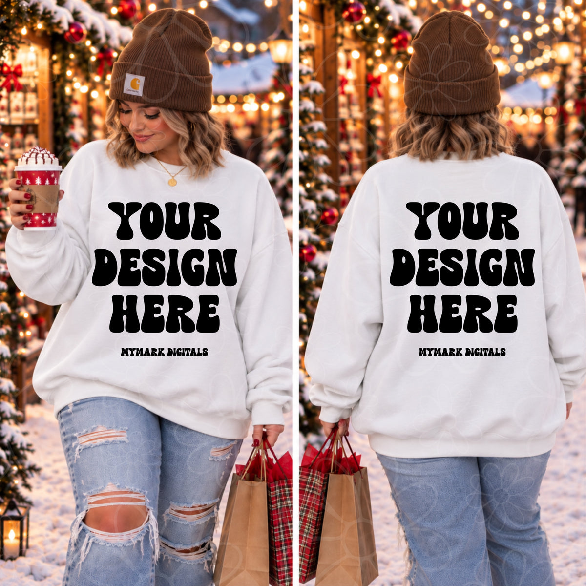 Christmas Market White Crewneck Sweatshirt Mock Up Front & Back