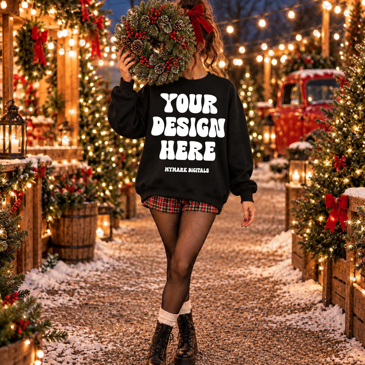 Christmas Wreath Black Crewneck Sweatshirt Mock Up