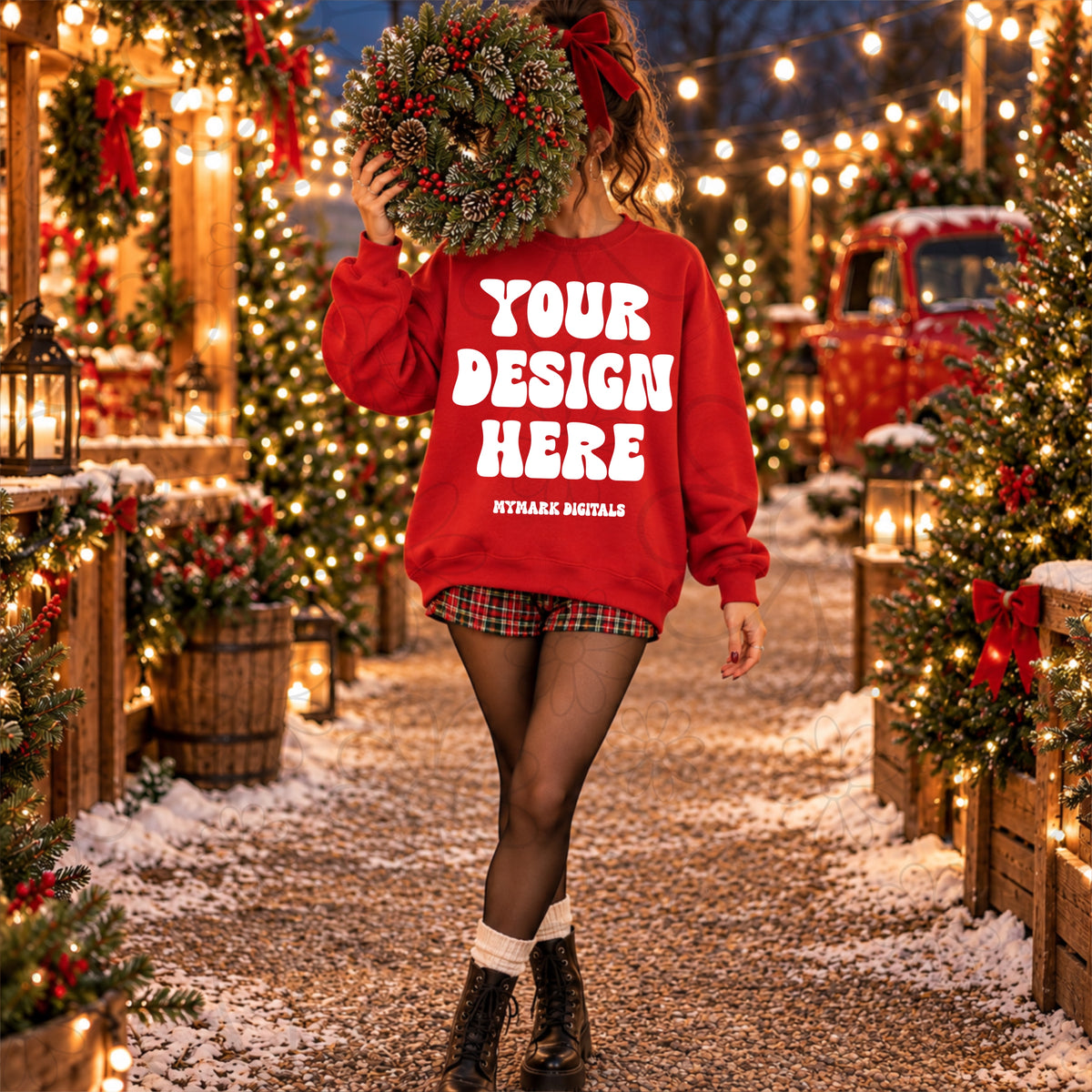 Christmas Wreath Red Crewneck Sweatshirt Mock Up