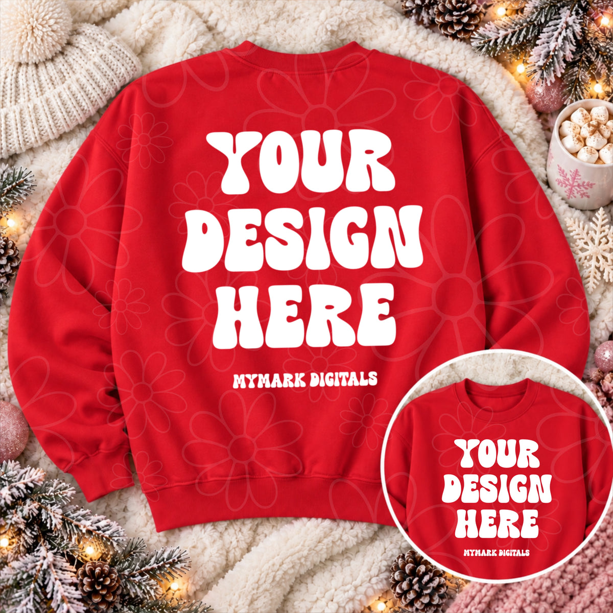 Holiday Red Crewneck Sweatshirt Mock Up Flat Lay Back & Front