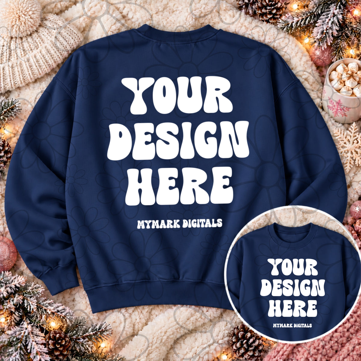 Holiday Navy Crewneck Sweatshirt Mock Up Flat Lay Back & Front