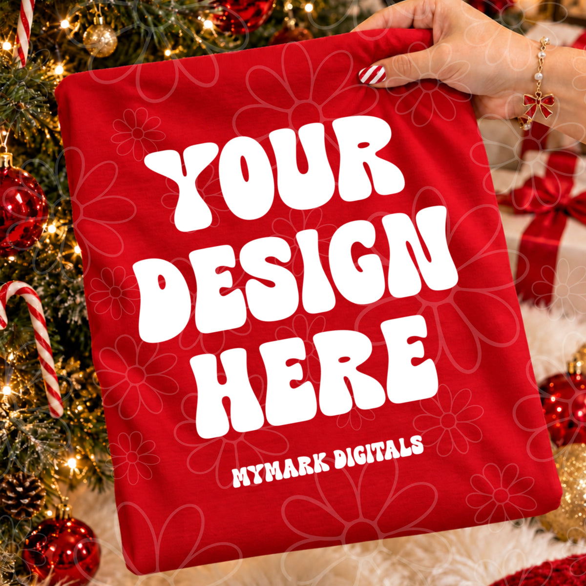 Christmas Red Crewneck TShirt Mock Up Flat Lay