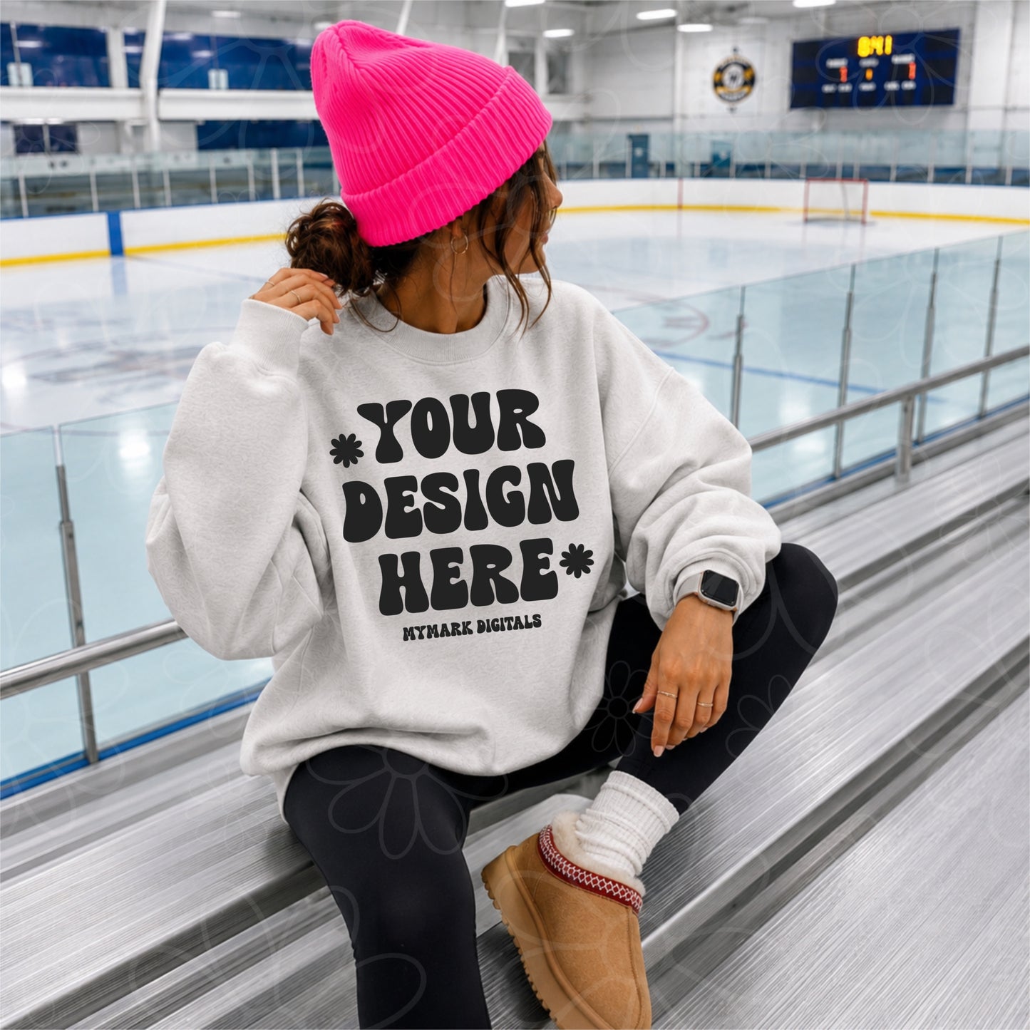 Gildan 18000 Ash Grey Crewneck Sweatshirt Mockup | Hockey Rink Mock | Bright Beanie Mock | Front Mock