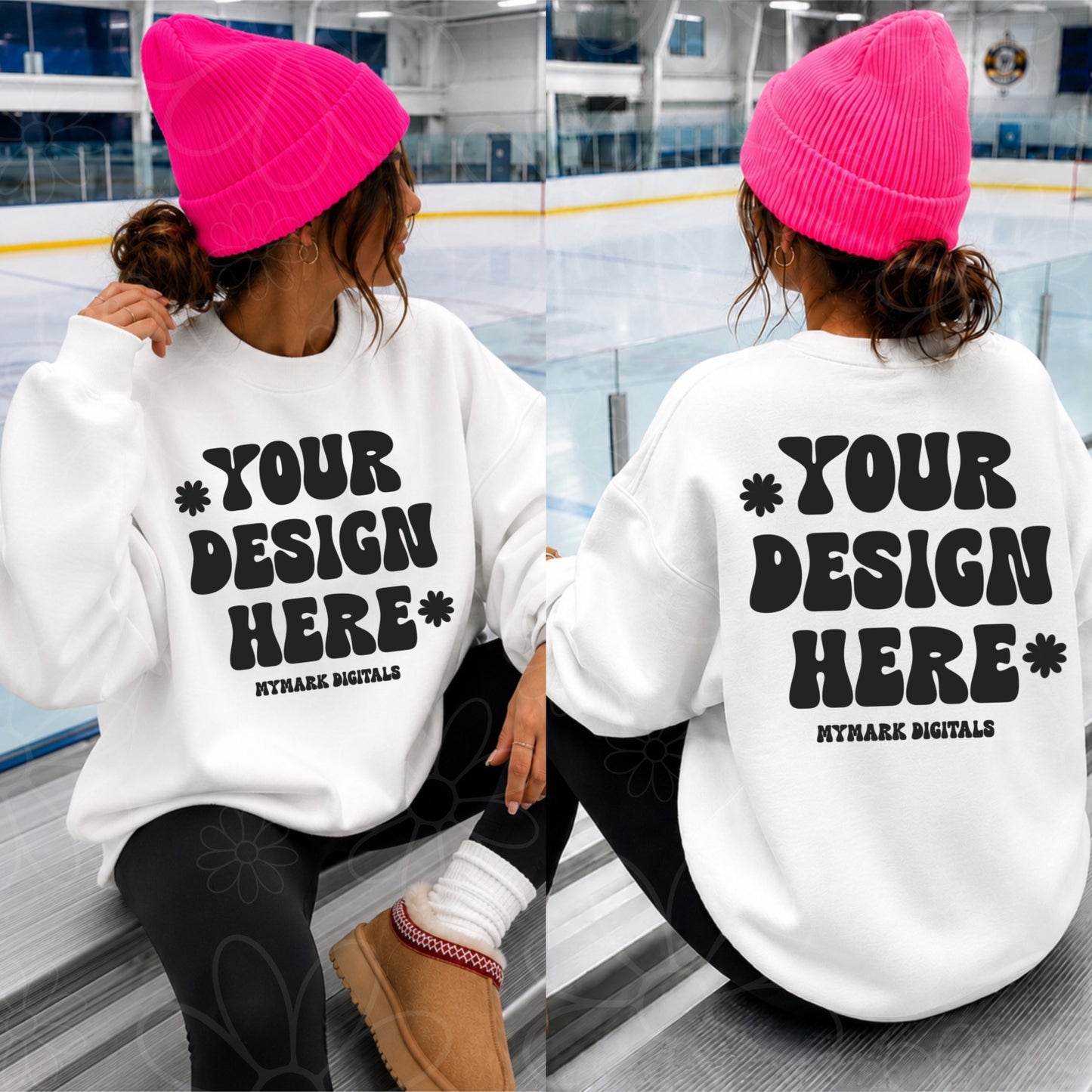 Gildan 18000 White Crewneck Sweatshirt Mockup | Hockey Rink Mock | Bright  Beanie Mock | Front & Back Mock (Copy)