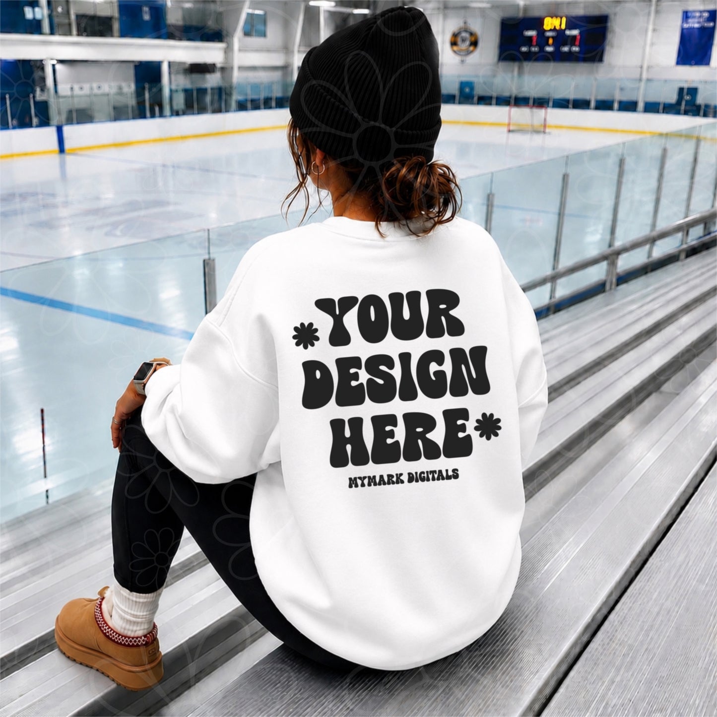 Gildan 18000 White Crewneck Sweatshirt Mockup | Hockey Rink Mock |  Beanie Mock | Back Mock