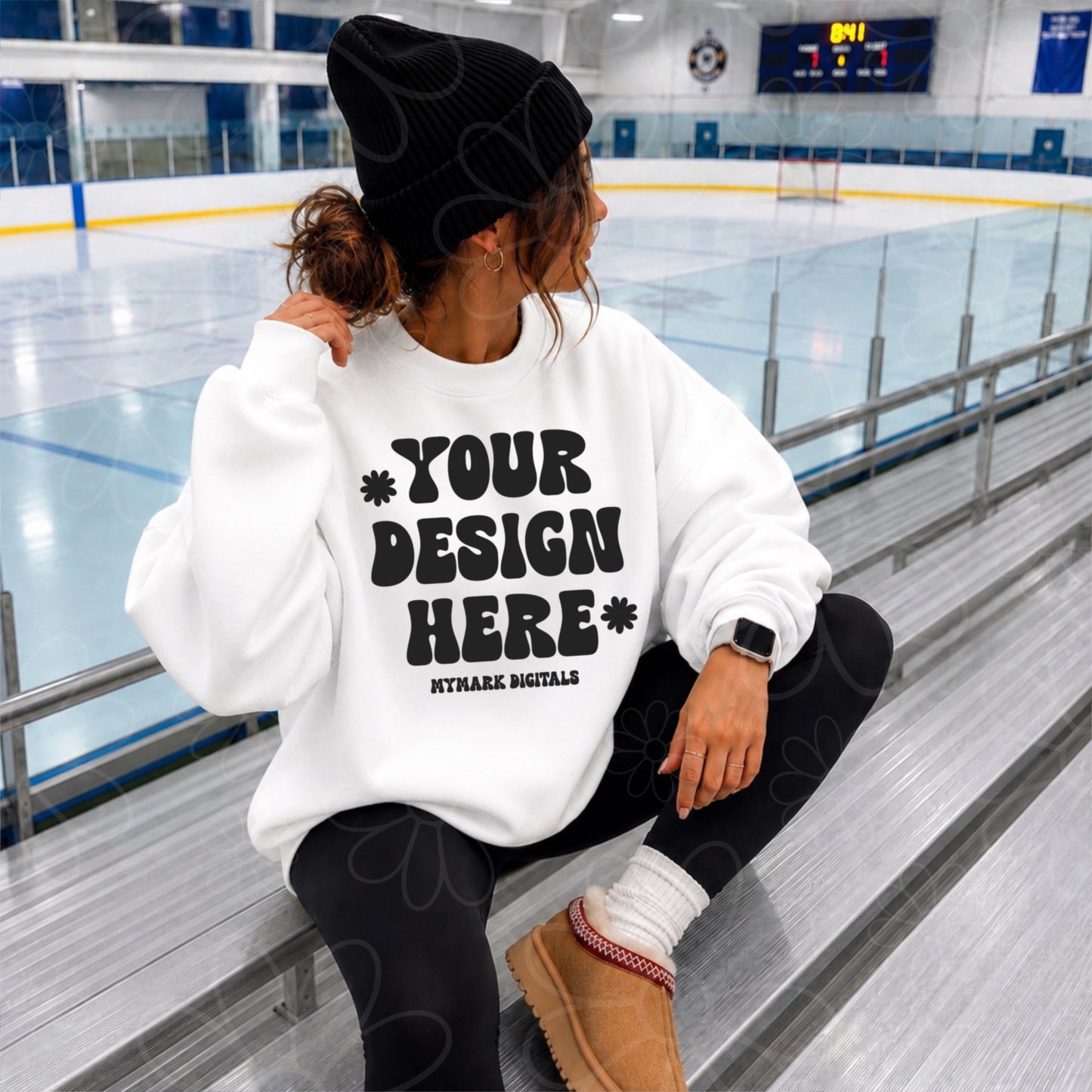 Gildan 18000 White Crewneck Sweatshirt Mockup | Hockey Rink Mock | Bright Beanie Mock | Front Mock