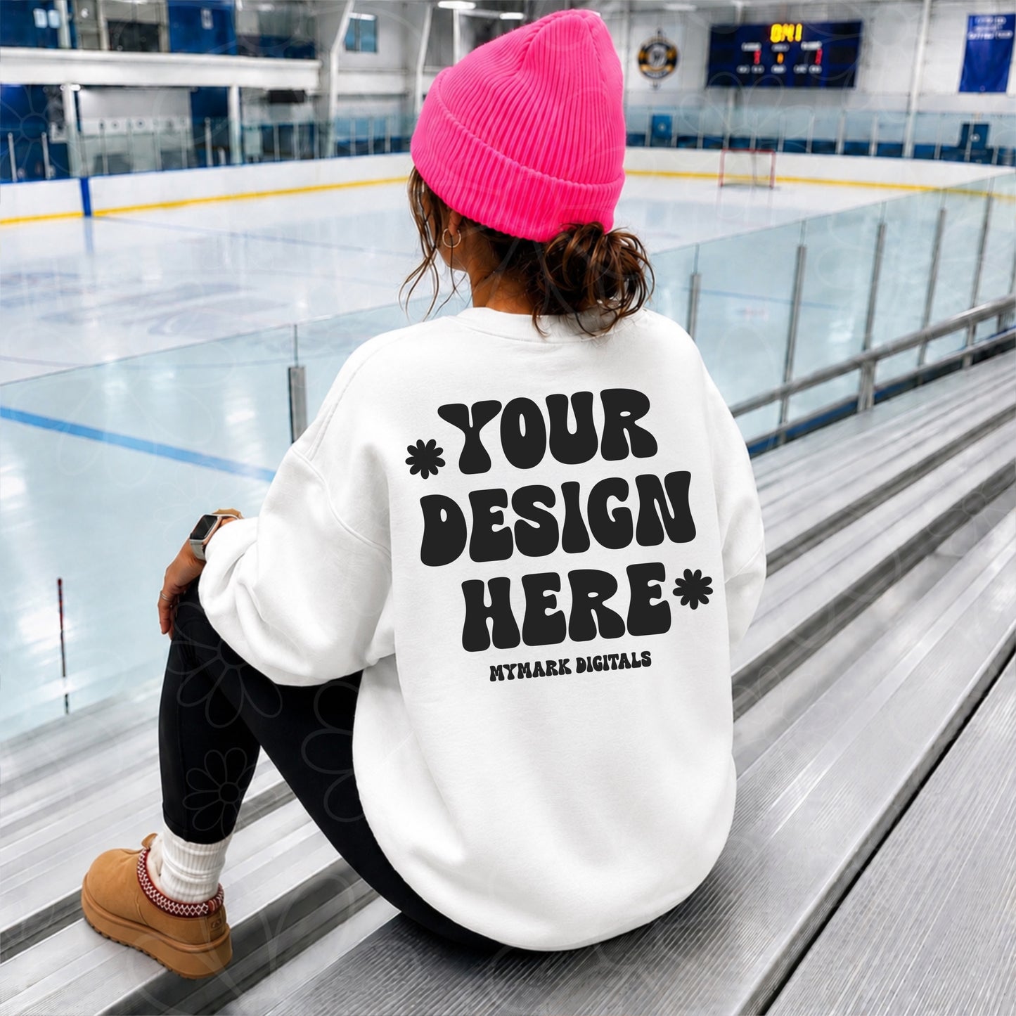 Gildan 18000 White Crewneck Sweatshirt Mockup | Hockey Rink Mock | Bright Beanie Mock | Back Mock