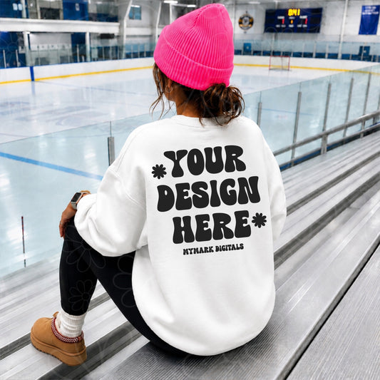 Gildan 18000 White Crewneck Sweatshirt Mockup | Hockey Rink Mock | Bright Beanie Mock | Back Mock
