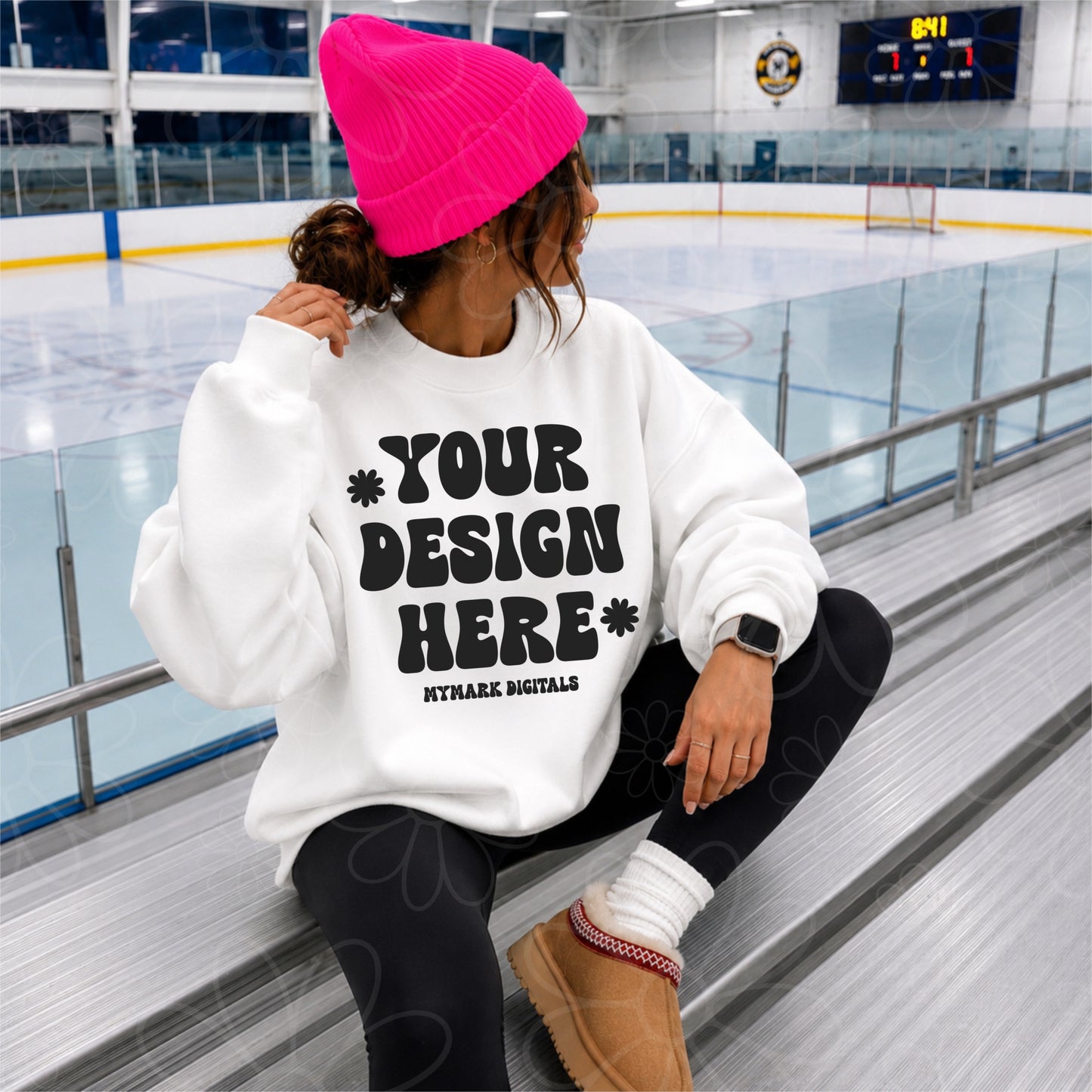 Gildan 18000 White Crewneck Sweatshirt Mockup | Hockey Rink Mock | Bright Beanie Mock | Front Mock