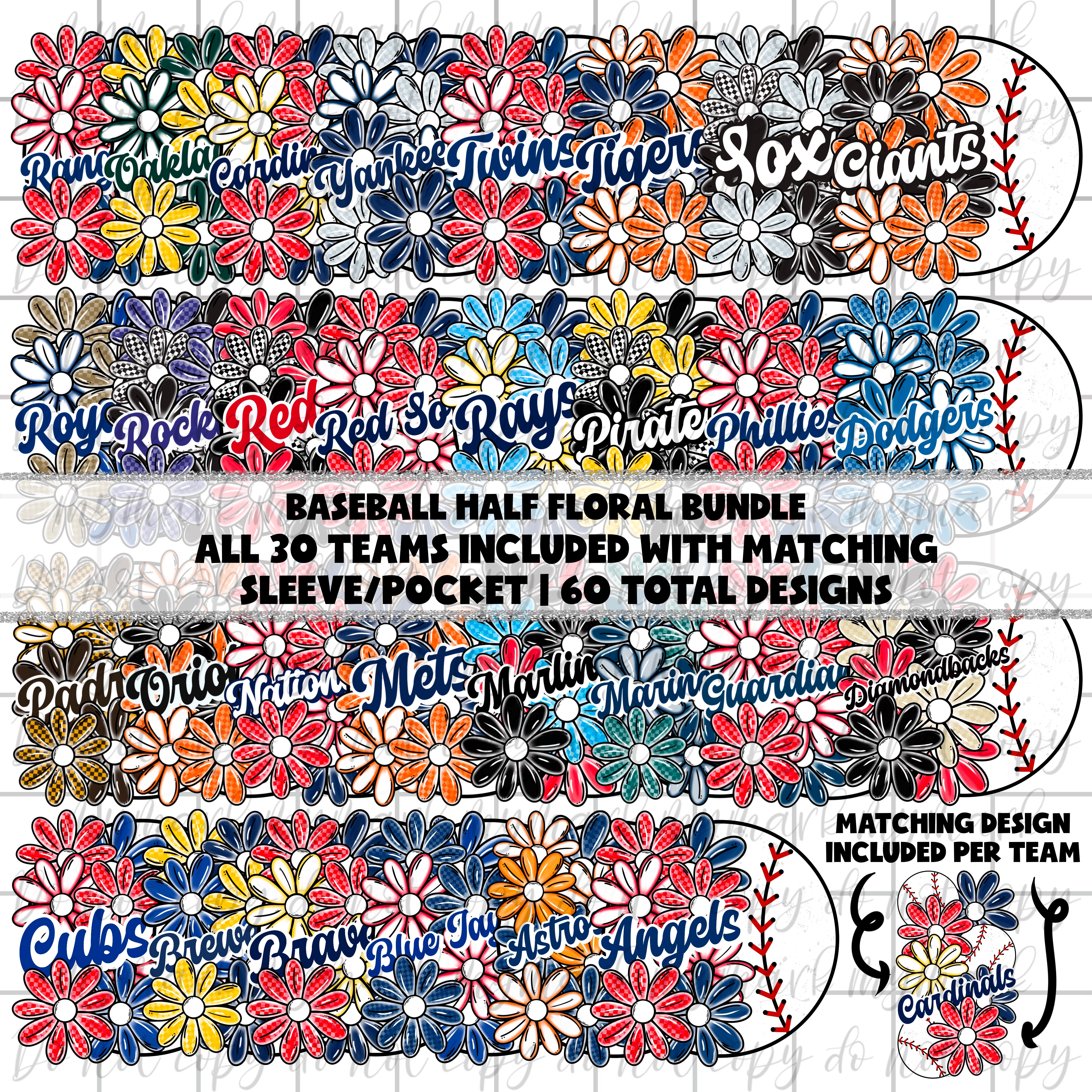 Spring Baseball Designs BASEBALL FLORAL BUNDLE : 60 designs | April 2025 – MYMARK Digitals
